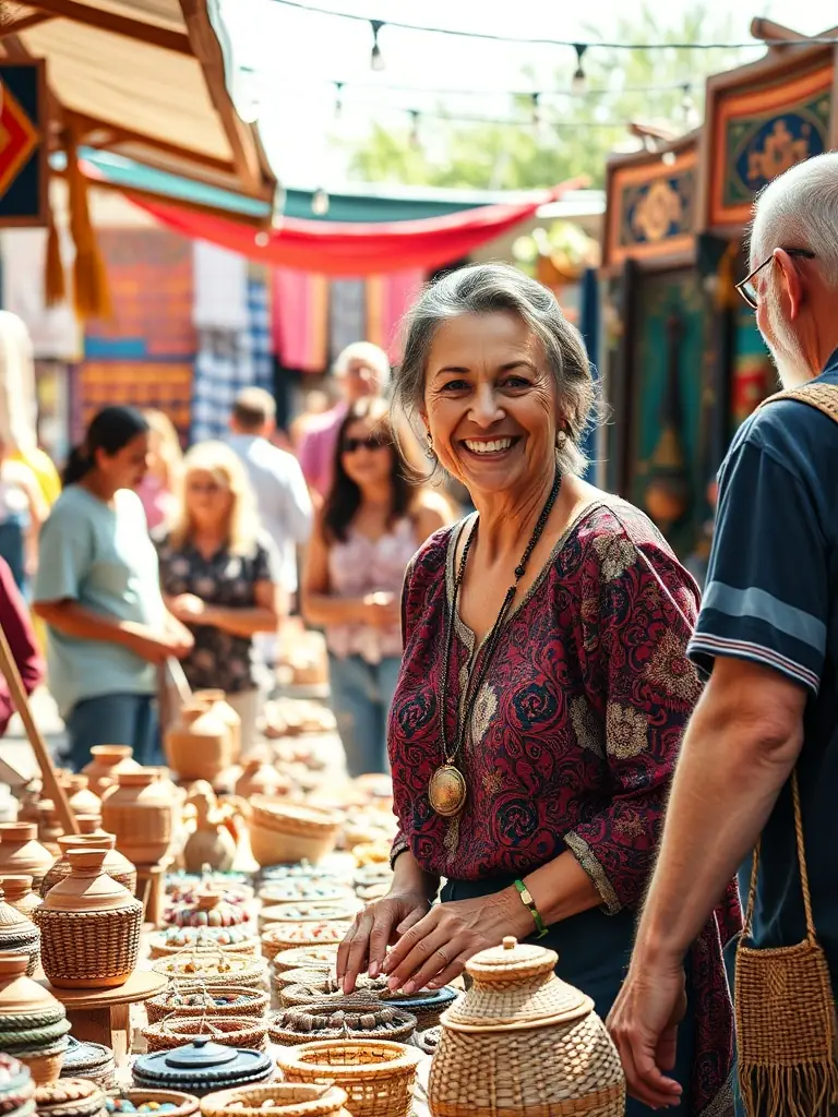 A vibrant image of a local artisan showcasing their handcrafted goods at a CreativPulse-organized market event, with people browsing and interacting with the artisan.