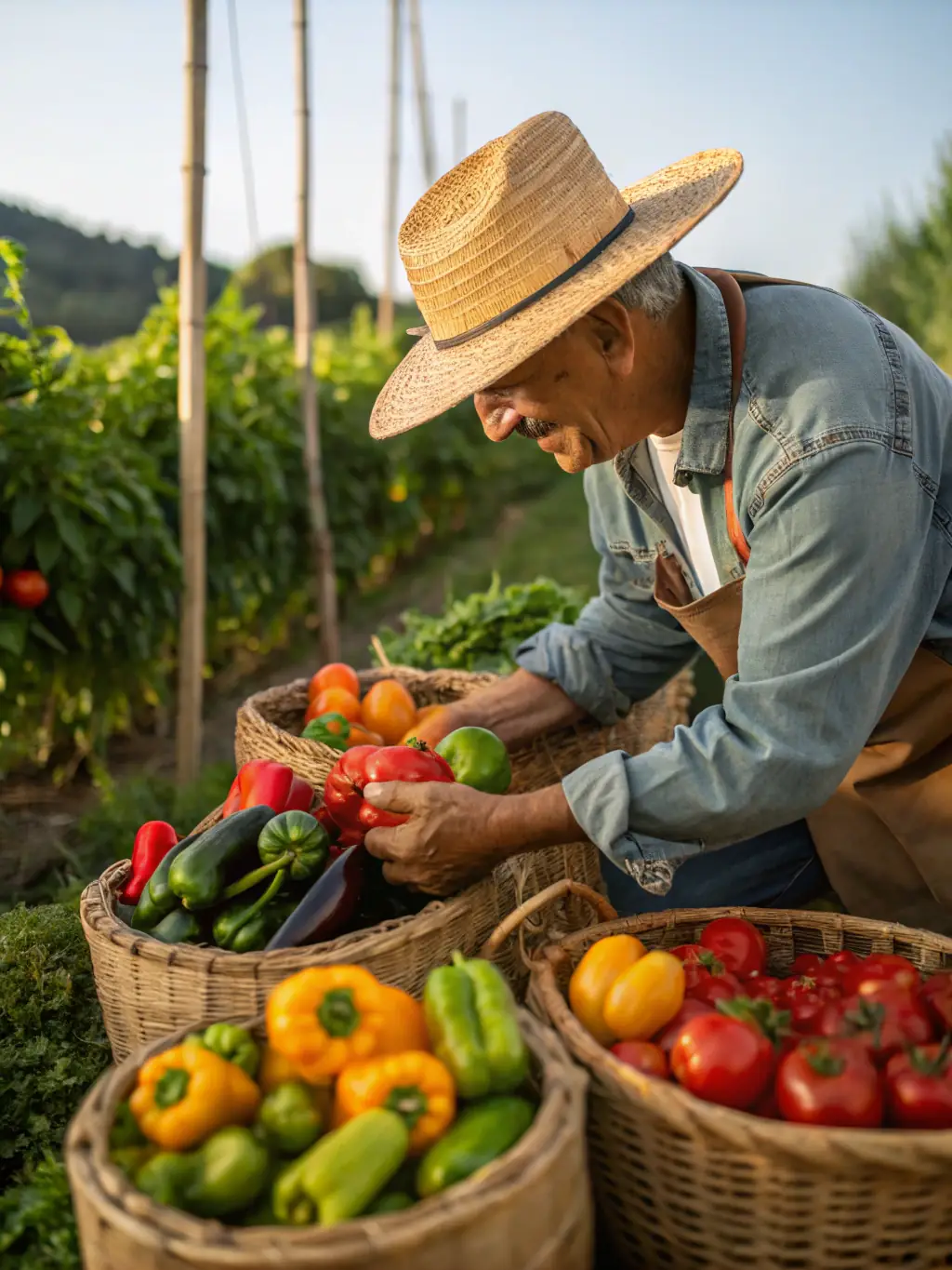 A photograph of a small local farm showcasing its organic produce, with the farmer smiling proudly in the background, emphasizing the sustainable agriculture practices promoted by CreativPulse.