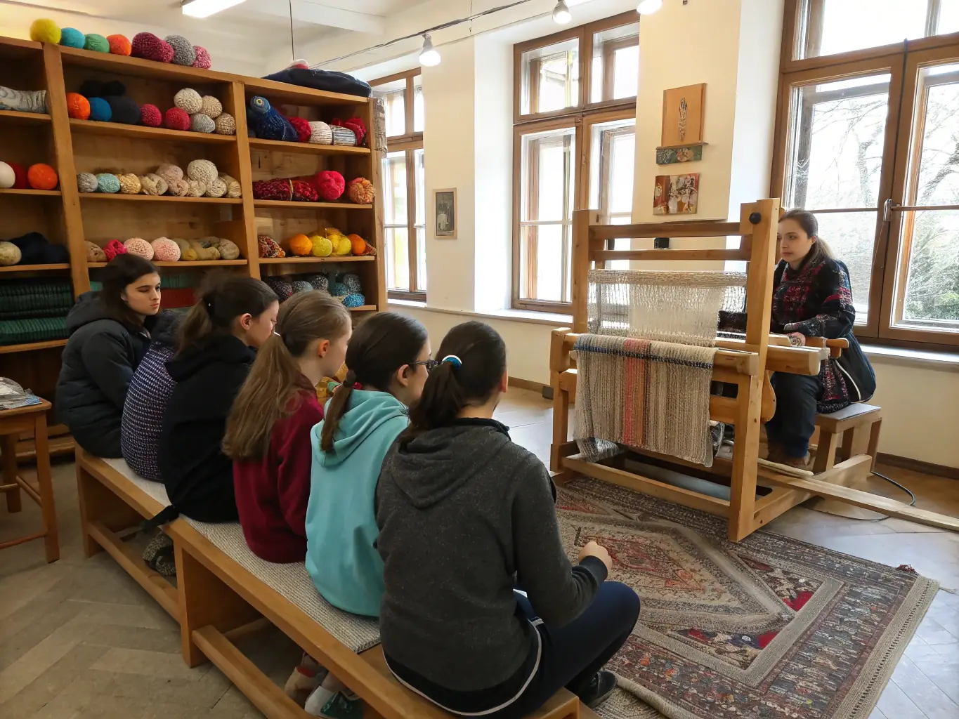 A photo of a workshop where local artists are teaching community members a traditional craft. The atmosphere is engaging and educational, highlighting the transfer of skills and knowledge.