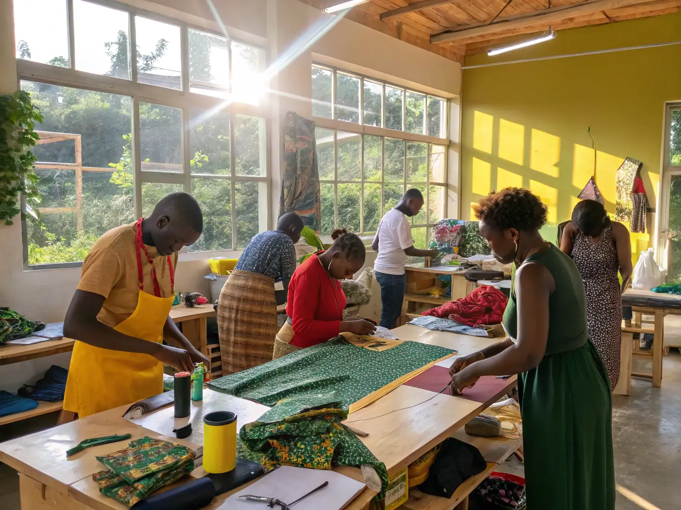 A vibrant workshop scene with artisans crafting various items, showcasing the 'Tools' program at CreativPulse. The image should convey collaboration, skill-sharing, and the creation of unique, handmade products.