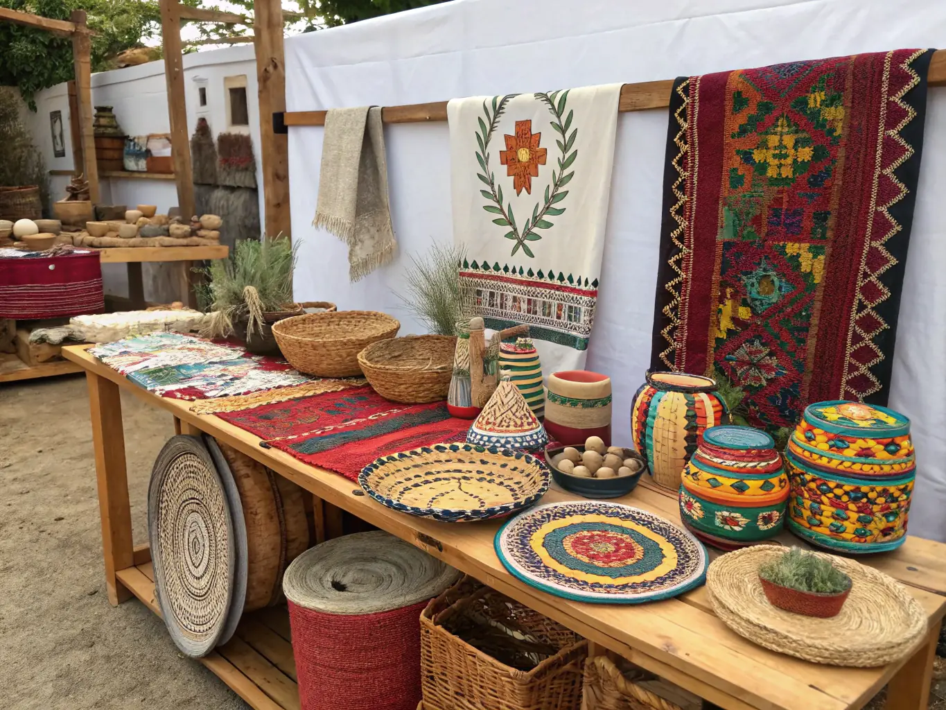 An aesthetically pleasing arrangement of handcrafted decor items, symbolizing the 'Decor' program at CreativPulse. The image should emphasize the beauty and uniqueness of locally made decorative arts.