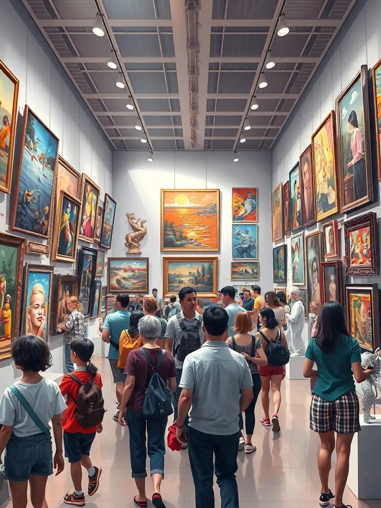 A captivating image of an art exhibition organized by CreativPulse, featuring a diverse range of artworks from local artists and attracting art enthusiasts.