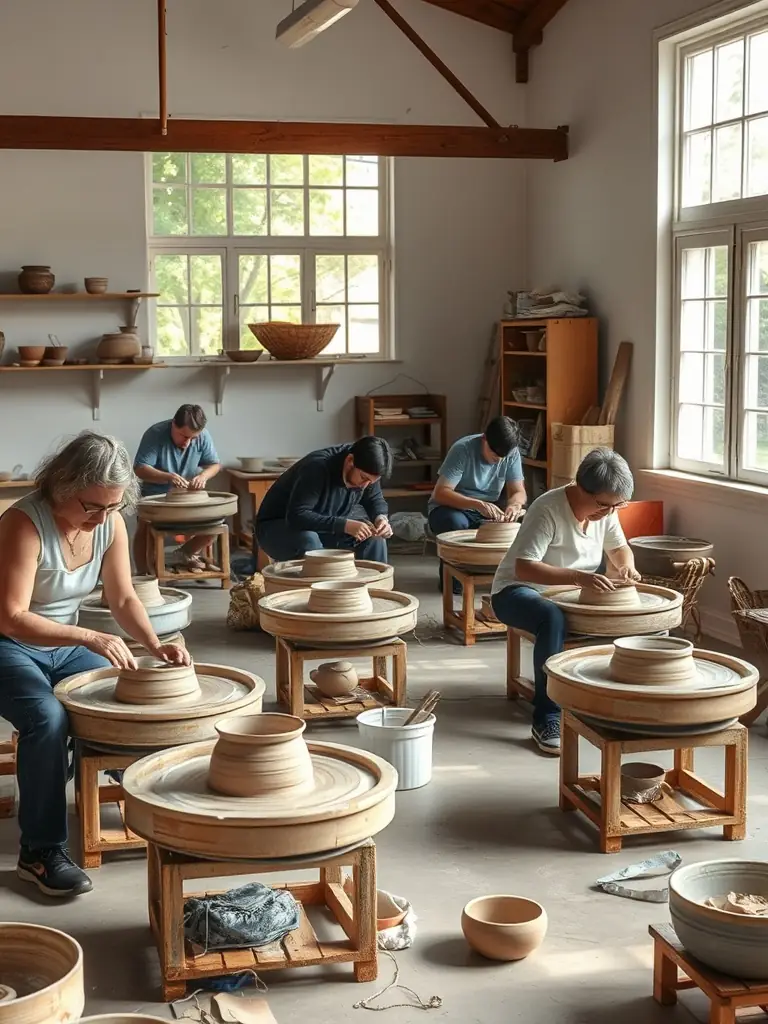 A photograph of a CreativPulse workshop where participants are learning a new craft, such as pottery or jewelry making, guided by a skilled instructor.