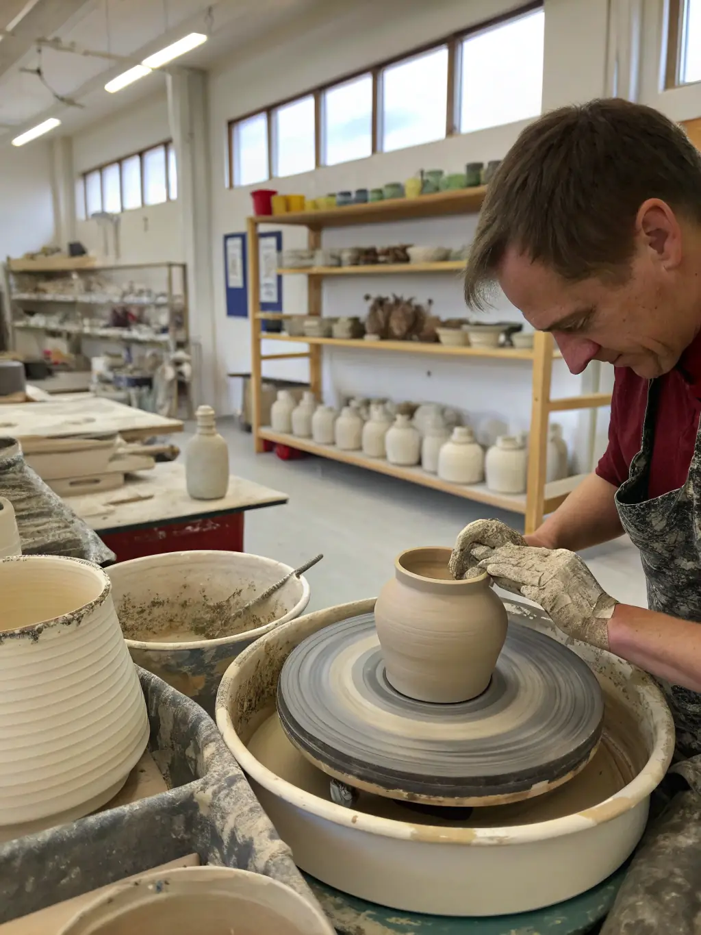 A vibrant photograph showcasing a local artisan crafting a ceramic vase in their workshop, surrounded by their tools and materials, highlighting the traditional skills supported by CreativPulse.