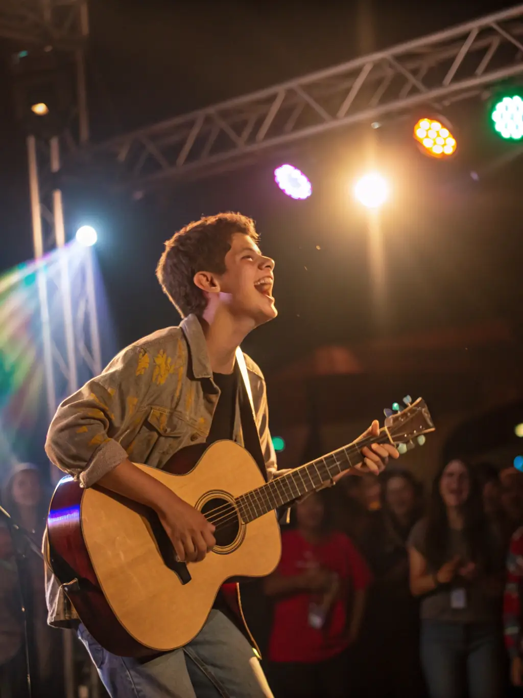 A photograph of a local musician performing live at a community event, capturing the energy and passion of their performance, highlighting the cultural vibrancy fostered by CreativPulse.
