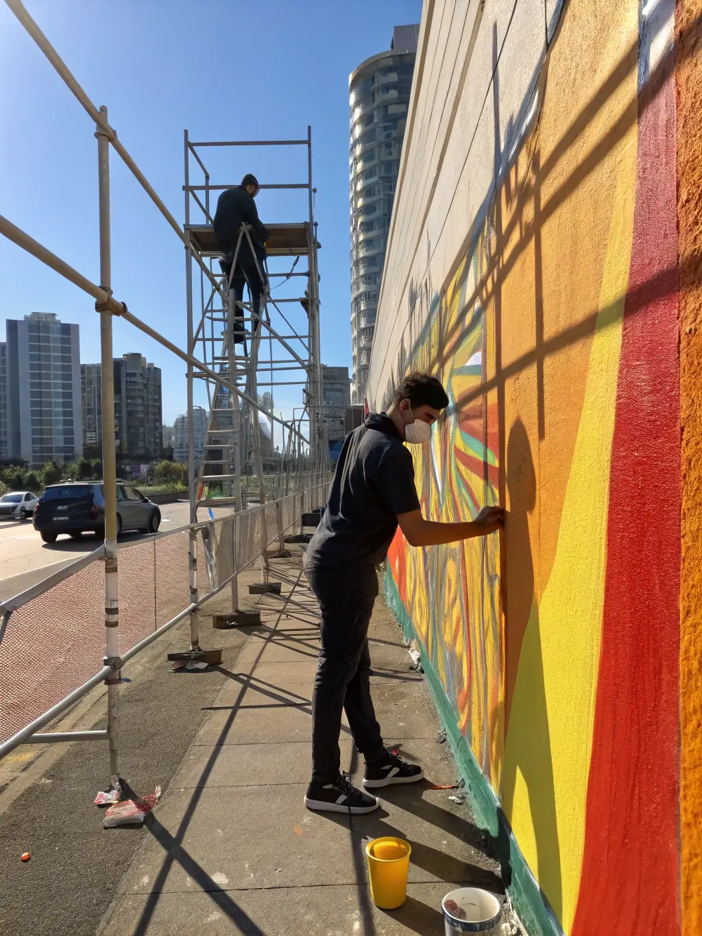A close-up shot of a local artist painting a mural on a community building, capturing the vibrant colors and the artist's dedication to enriching the local environment through art, supported by CreativPulse.