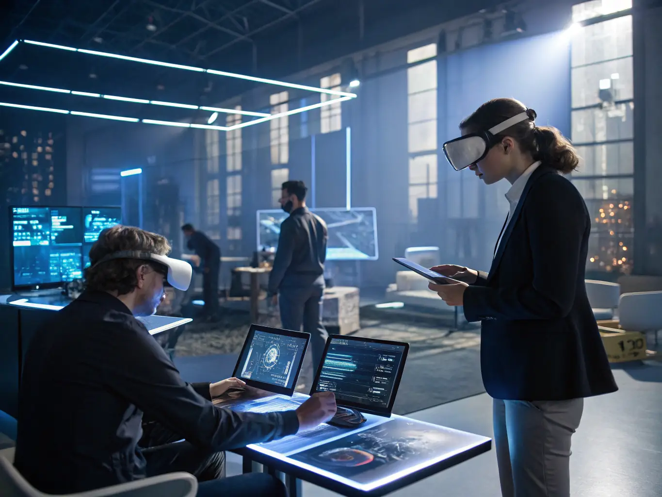 A dynamic display of innovative gadgets and tech solutions designed to aid artists and creators, representing the 'Gadgets' program at CreativPulse. The image should highlight the intersection of technology and creativity.