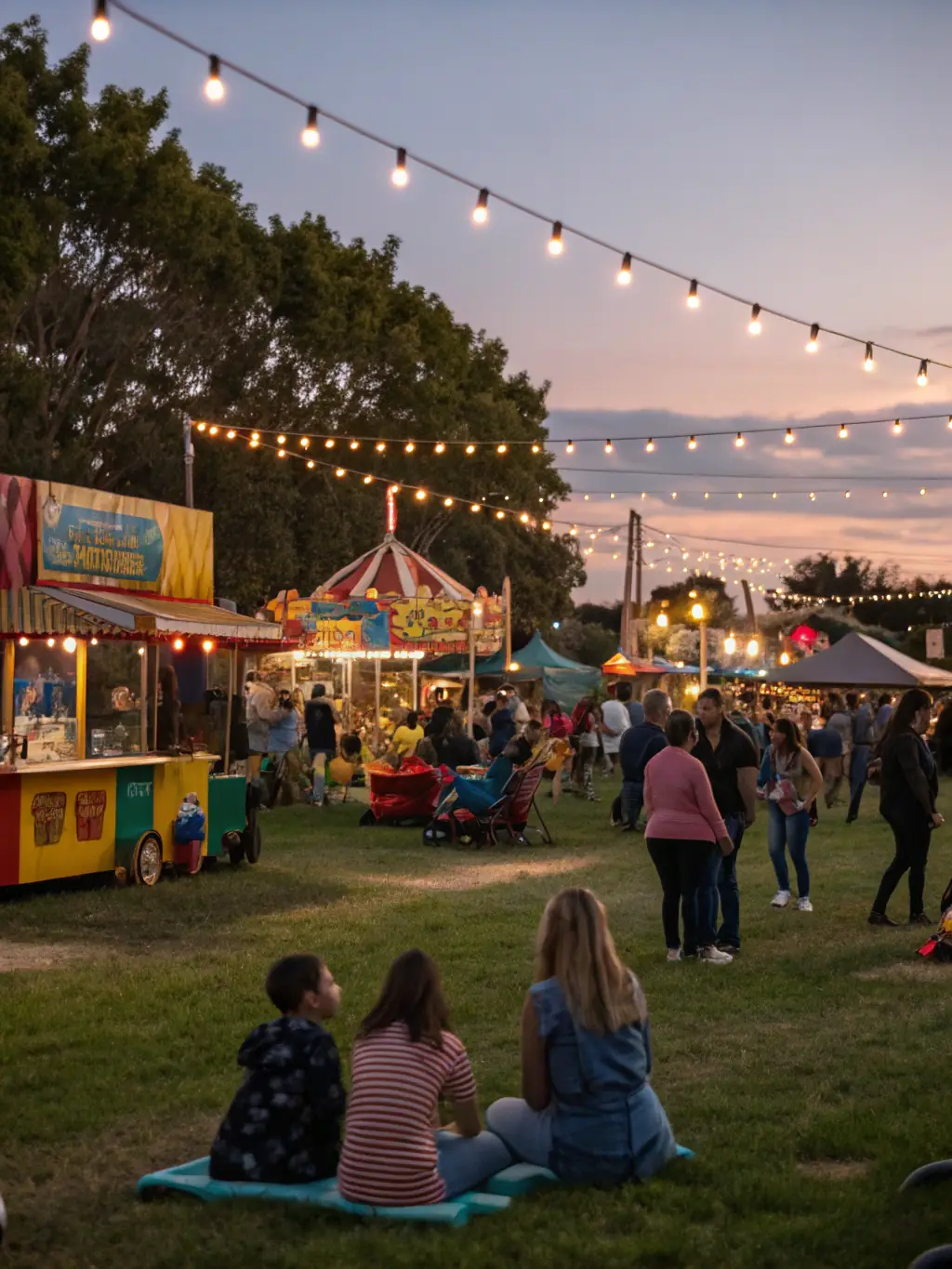 A dynamic image of a community event organized by CreativPulse, featuring live music, art displays, and local food vendors.